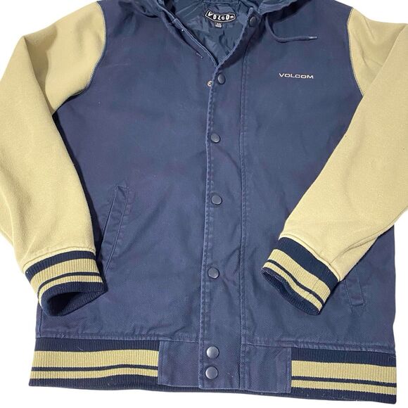 Volcom Jacket Men XL Blue Tan Bomber Varsity Letterman Snap Hoodie Skate Cotton - Picture 3 of 8